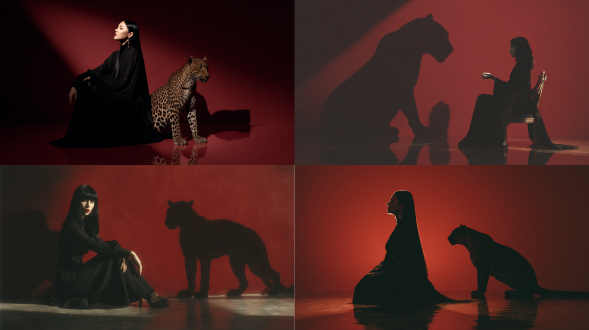 一个穿着黑色衣服、留着光滑黑发的迷人女人的电影剪影，优雅地坐在深红色背景下的豹子旁边。这一幕散发出一种黑暗而神秘的能量。在她身后的墙上，她的影子被投射出来，但不是她的人形，而是一只强大的豹子的影子，象征着她隐藏的力量和野性的精神。灯光戏剧性而简约，突出了抛光地板上的轮廓和倒影。