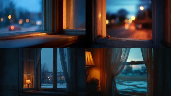a half-open window at dusk, warm interior glow, soft light meeting shadow, blending with cold blue outside, poetic ambiguity, 50 mm f/2.8, iso 200, cinematic dusk lighting
