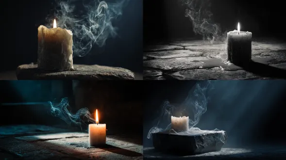 a candle burning in total darkness, thick smoke curling upward, melted wax pooling over stone, cinematic chiaroscuro, 35 mm f/4 lens, iso 400, low-key lighting