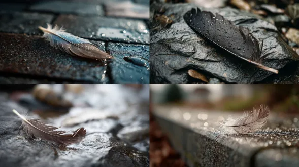a feather lying on wet stone, delicate yet grounded, cinematic natural light, 50 mm f/2.8, iso 200, soft drizzle