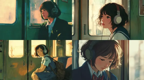 一位留着短发的可爱日本高中女生，静静坐在火车车厢门口附近，戴着耳机听着音乐，陷入沉思。她穿着 2000 年代初日本常见的校服，柔和的阳光透过火车车窗洒落，轻轻照亮她的脸庞与发丝，营造出怀旧而宁静的氛围。