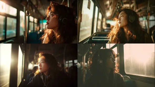 一位 2010 年代初的韩国女性，坐在公交车上，戴着耳机听着音乐，望向窗外，陷入沉思。阳光透过车窗温柔地映照在她的脸庞与发丝上，勾勒出怀旧恬静的氛围，公交车内部的座椅、扶手等细节隐约可见。