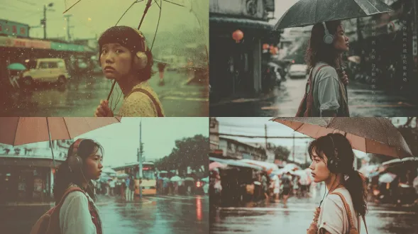 一位 2000 年代初的台湾女性，戴着耳机，一手撑着雨伞，站在雨中仿佛在等待某人。她的头发和衣物略带湿润，雨滴在周身飘落，潮湿的街道反射着阴天午后柔和的灰暗光线，整体氛围怀旧又带着一丝孤寂，满是 2000 年代初的复古感。