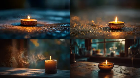 a small candle flickering in gentle twilight, warm amber tones, air filled with dust motes, poetic stillness, shallow depth of field, 85 mm f/1.4 lens, iso 100, golden hour glow