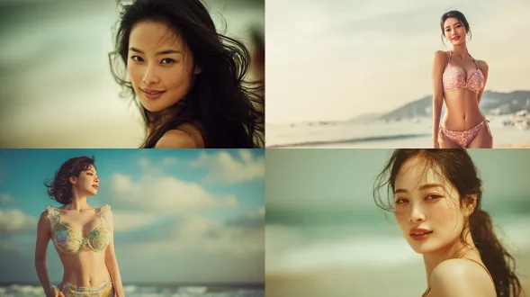 亚洲美女身着沙滩服，特写镜头展现完美身材，艺术写真风格，大面积白皙细腻皮肤纹理，柔和自然光，浅景深，高清细节，优雅姿态，温暖色调，柔和阴影，海风轻拂，自信微笑，美貌与纯真并存，唯美构图