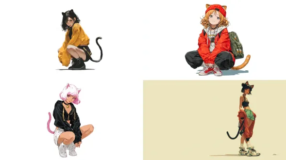 epic fantasy anime image of cute girl with nekomimi and cat tail in hip hop style, white background