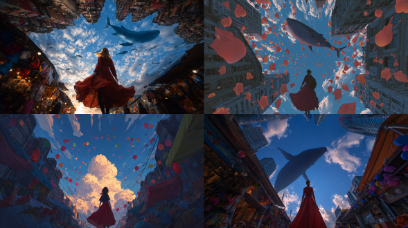 一条神话天空鲸背上的漂浮市场，摊位和气球映衬着云景，鲜艳的色彩，活泼的氛围，史诗奇幻，动态构图/黄昏时分，一位身穿飘逸红裙的女子行走在城市峡谷中，极低角度从地面拍摄，身影映衬在深蓝色天空下，两侧摩天大楼高耸形成引导线，电影感广角镜头，戏剧性氛围