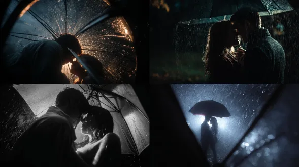 一对情侣在雨中伞下相拥，从膝盖高度仰拍，伞骨形成天然画框，深色背景中可见雨滴，亲密时刻，电影感光线