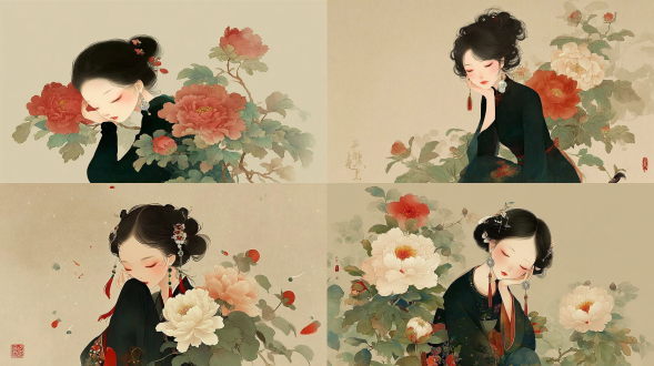 正面视角。一位美丽的中国女孩手持一朵牡丹，身着黑色长袖，佩戴银色耳环，闭着双眼，用手托住左脸以凸显其面前的一朵超大白色山茶花。背景为浅粉色，具有水彩画风格、油画棒效果且细节高清。