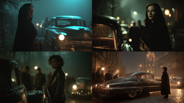 一名30岁意大利女子在车辆旁，黑帮分子，黑色披肩，手持武器，她的车在旁边，车辆是那个时代的但有1950年代风格的未来主义，是在夜间，氛围沉闷粗犷，车辆在微光下闪烁，1945年的布拉格但有科幻风格，科幻风格像80年代的电影。