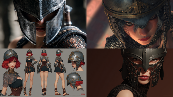 一位迷人的女角斗士，有着丰满的胸部，头戴金属头盔，身着黑色网纱长袍和轻型铠甲。风格参考克里斯·奈特，带有漫画核心元素、暗物质艺术风格，类似动画gif、龙与地下城风格，特写视角，采用纳塔利娅·德雷皮娜的数字漫画艺术风格，受wlop启发，是artstation上的热门作品。她是一位优雅美丽的女孩，呈现出精美的超高清4k艺术效果，背景真实，手和脚的解剖结构有参考，姿势符合解剖学原理，细节丰富，采用皮克斯渲染技术，有着流畅的赛璐珞阴影，带有动漫氛围，展现全身视图，符合cgsociety风格。