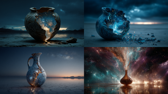 a massive amphora cracked open, revealing a flowing cosmic river of stars and constellations, nebulae swirling inside, glowing horizon, surreal 8k detail, cinematic diffusion, canon eos r5, 50 mm lens, iso 200, aperture f/2.8