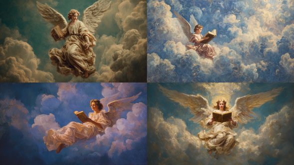 文艺复兴风格的天使在云端飞翔，手持古老书籍，金色光环，柔和光线，对称构图，古典油画质感，深蓝与金色交织，飘渺云层，细腻笔触，神圣氛围，暖色调，庄严优雅，羽毛翅膀，丝绸长袍，神圣表情，巴洛克细节，柔和阴影，高饱和度，透视感，宗教艺术风格，动态飘逸，