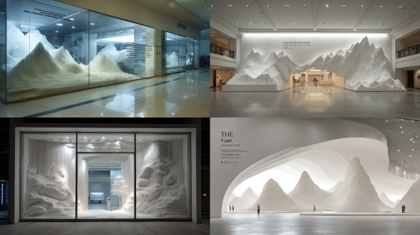 使用白色宣纸，将其剪成五代南唐画家巨然的《湖山春晓图》，并将山剪成多层以营造层次感。在“纸”内部，白色混凝土切割机呈现出一个通过持续分层和联锁不断被开拓的世界