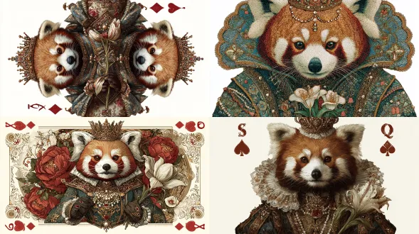 文艺复兴绘画风格，扑克牌黑桃皇后形象，以雄伟的红熊猫为主角，倒置双头效果**，完美中心对称设计，穿着华丽的文艺复兴时期女王礼服，带有复杂的金色刺绣和珍珠，优雅的皇冠，手持风格化的百合或玫瑰，柔和、仁慈的表情，高度细致的毛发和纹理，丰富深沉的色彩，纯白色背景