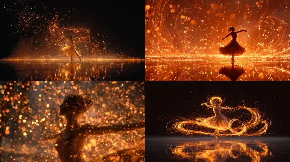 被旋转的火焰和火花环绕的女性舞者，呈现橙色和金色色调，具有动态运动感，有发光的反射效果，具备电影般的对比度，充满能量与激情