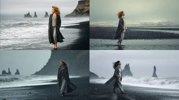 一位身材苗条的女性，年龄30 - 35岁，全身照，站立姿势，长长的冷色调金色卷发在风中飘动，赤脚立于潮湿的黑色火山沙上，脚踝周围水花飞溅，空气中可见水滴，身着飘动的深灰色长外套、浅灰色精细羊毛裤、有质感的奶油色羊绒毛衣，色彩自然逼真，柔和阴天日光无强烈阴影，营造北部海岸线氛围，具电影现实主义风格，场景有微妙风和海雾。提及佳能eos 5d mark iv、35mm f/1.4镜头，全身照、站立姿势、广阔风景广角拍摄，同样是柔和阴天日光、无强烈阴影、野生动物摄影风格的电影现实主义。