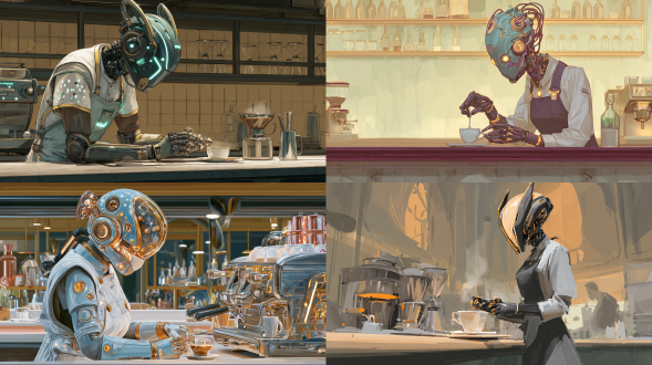 未来主义数字绘画，描绘一位有着全机械头部的咖啡师，含透明元素与发光led灯，受复古未来主义启发。角色着现代简约咖啡师制服，有微妙金属 accents 和集成灯光细节。场景设为 sleek 高科技咖啡馆，氛围温暖宜人。咖啡师正精准制作咖啡，融合科技与传统。