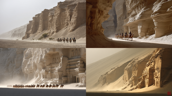 敦煌超现实巨大石窟景观，高耸的悬崖壁上雕刻着复杂的莫高窟壁画，古老的佛教壁画在风沙侵蚀中发光，超写实纹理，超详细图案，巨大规模的峡谷营造强烈压迫感，戏剧性电影构图，长长的骆驼商队穿过金色沙漠山谷，柔和但强烈的电影光线，强烈情感阴影，光线中的大气尘埃，神圣庄严的氛围，8k超高清摄影，体积光，极致真实感，受史诗电影启发的色彩分级，惊人深度，温暖沙子与凉爽阴影悬崖之间的精湛对比