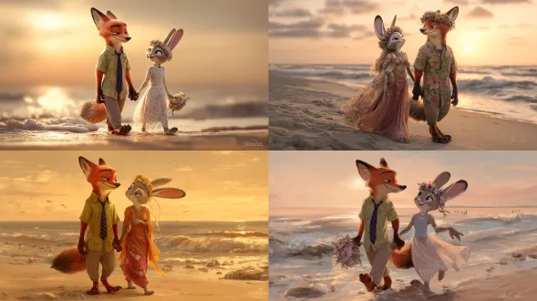 来自《疯狂动物城》的拟人化狐狸与兔子情侣，夕阳海滩赤脚漫步，温柔对视含笑，身着波西米亚婚礼服饰，暖色调，电影级构图