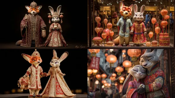 来自《疯狂动物城》的拟人化狐狸与兔子情侣，身着华丽的中式传统婚服，红金刺绣，头顶灯笼，节日氛围，超高细节