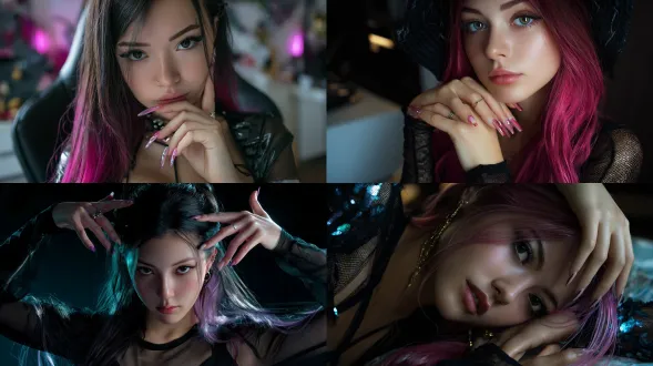 a gorgeous mezmerizing teen from asia in a captivating pose, random style, black haircolor, long nails, pink hair