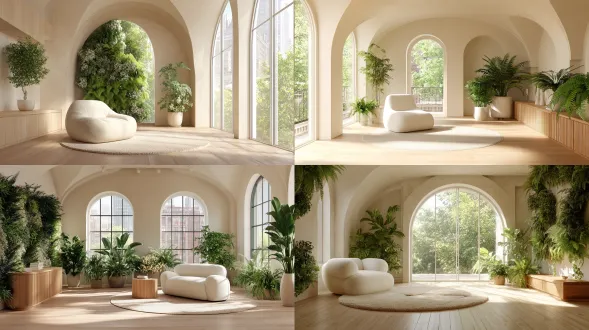 室内场景，现代极简风格，米色弧形天花板，木质地板，圆形米色地毯，白色毛绒单人沙发，原木色低柜，大型落地窗，窗外绿树，室内大型绿植（龟背竹、蕨类等），垂直绿植墙，阳光透过窗户洒落，整体温暖柔和色调，明亮自然光