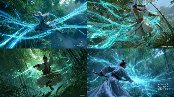 中景，吕洞宾，一位优雅的仙人学者，跃过竹林。他的剑“gleaming swift”划出复杂的锐利青色剑气网络，撕碎树叶和妖魔。超写实，史诗规模，流畅视觉特效，能量轨迹，电影灯光