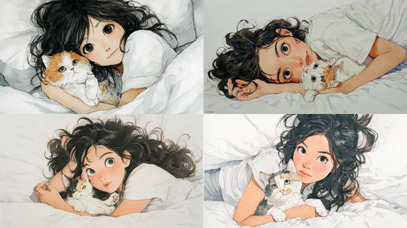 水彩画。精湛绘制。一位亚洲女孩躺在床上，她大大的眼睛和突出的容貌被飘逸的黑发衬托着。她穿着白色t恤，抱着一只有着圆绿色眼睛的虎斑小猫，露出可爱俏皮的表情。小猫的白色肚皮和卷曲的尾巴可见。背景是白色、干净且不杂乱的。