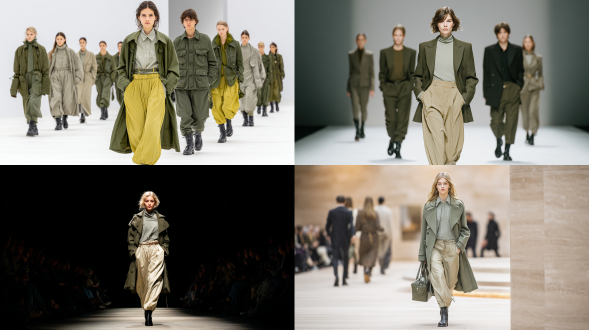 一个德国年轻女模特，身着橄榄绿色风衣，搭配浅金色阔腿裤与简约黑色靴子，正在t台上行走。上衣是浅灰绿色且有衣领。整体高端、舒适又优雅的服装组合非常适合参加重要会议，还可搭配手提包。采用飒拉（zara）的风格设计。多个模特穿着不同服饰。时尚秀风格。全身照。细节精致。高分辨率摄影。照片用佳能eos r5相机拍摄