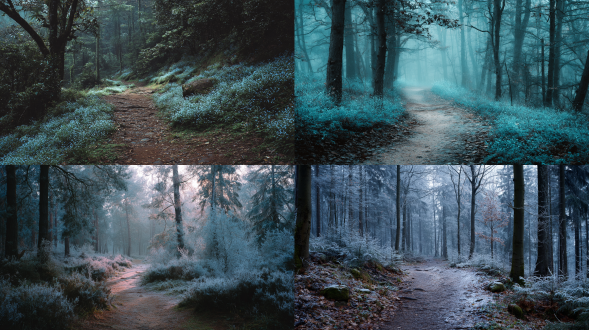 a forest path glowing in powder-blue haze, where every footprint releases faint pastel sparkles, fujifilm gfx100, 45mm