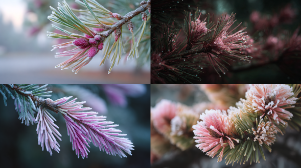 pine needles dusted with iridescent frost shifting between baby pink and pale chartreuse, leica sl2, 35mm.