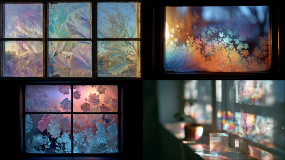 a windowpane etched with pastel fractals that shift colors each time the light changes, leica sl2, 75mm.