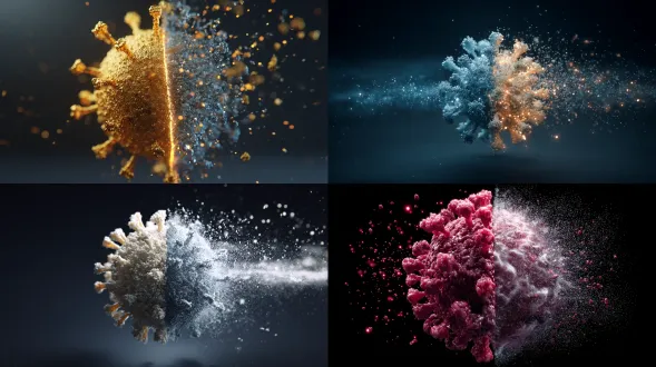 超细节3d微观病毒被一分为二，左侧完全完整且逼真，而整个右侧完全解体成无数微小碎片、微碎片、灰尘状颗粒和发光斑点向外飘散。破碎的一半没有固体形状残留，只有散落的碎片和漂浮的颗粒。强烈的科学照明，深色背景，强烈对比，没有额外元素。