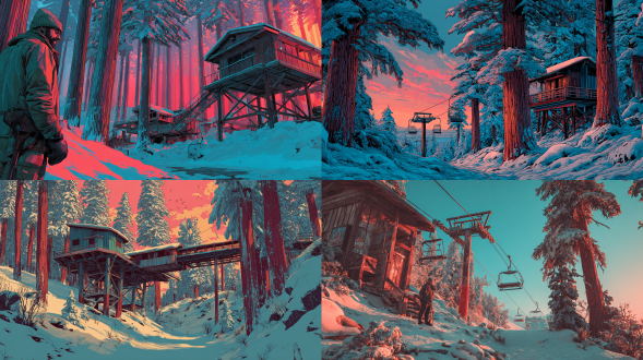 超写实的20世纪80年代太浩湖滑雪缆车站点，日落时分，采用与参考图像一致的大胆青绿色与珊瑚色色调。雪面和树木上有深青色阴影，地平线处珊瑚橙色阳光闪耀。一位20多岁粗犷缆车操作员立于结霜木制控制棚旁，有坚毅下颚、风吹红的脸颊与深色胡茬。他身着褪色帆布派克大衣、法兰绒、针织无檐帽和开裂皮手套。空中雪堆交替现珊瑚高光与青绿色阴影，完美契合调色板。缆车塔与金属座椅以浓郁青绿色延上坡，边缘捕温暖橙色光。高大红杉树干在冷青绿色雪中泛深红珊瑚高光。远处湖泊在暖珊瑚粉天空渐变下呈凉爽金属蓝绿色。超细节纹理：金属上霜、袖子冰晶、呼吸水汽捕暖光。具电影35毫米颗粒感、高对比，复古80年代滑雪电影氛围。强烈剪影、清晰冬季感，无杂绿，纯青绿色影与暖珊瑚高光，匹配参考图色调。