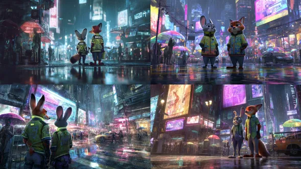 赛博朋克大都市，来自《疯狂动物城》的朱迪·霍普斯和尼克·王尔德，穿着带有霓虹亮点的未来派风衣，站在下雨的街道上，周围是全息广告，发光的雨伞，湿漉漉的沥青路面上有倒影，电影感光照，高细节，银翼杀手美学