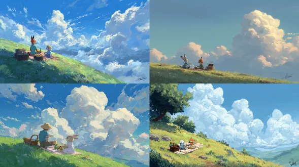 吉卜力工作室风格，来自《疯狂动物城》的朱迪·霍普斯和尼克·王尔德正在郁郁葱葱的山坡上野餐，午后温柔的阳光，淡蓝色天空中漂浮着蓬松的白云，柔和温暖的色调，优美的手绘动画风格，宁静而温馨的场景