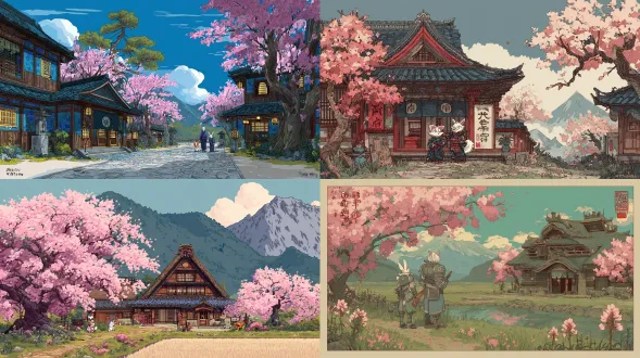 浮世绘木版画风格，来自《疯狂动物城》的朱迪扮演武士，尼克扮演狐妖（kitsune），身处樱花盛开的传统日本村落场景，平涂色彩，大胆的轮廓线，经典的日本艺术，宁静的风景