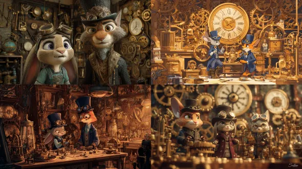 蒸汽朋克主题，发明家朱迪·霍普斯和飞行员尼克·王尔德（来自《疯狂动物城》），在工坊里被黄铜齿轮、复杂的钟表机械和蒸汽动力装置所环绕，穿着带有护目镜和高礼帽的维多利亚时代服装，温暖的棕褐色调，富有想象力和细节