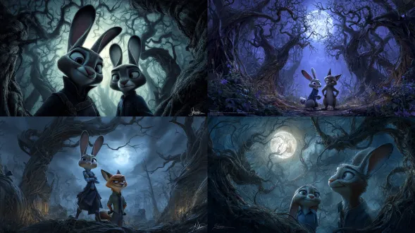 哥特幻想艺术，一幅描绘来自《疯狂动物城》的朱迪·霍普斯和尼克·王尔德在黑暗魔法森林中的戏剧性肖像，月光透过扭曲的树木，神秘而忧郁的氛围，丰富的纹理，蒂姆·波顿风格，暗黑童话