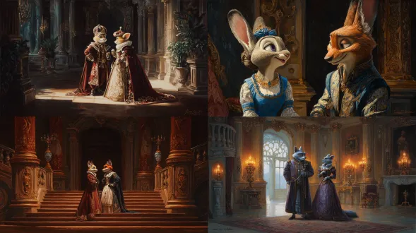 巴洛克风格油画，一幅宏伟的肖像，描绘了来自《疯狂动物城》的朱迪女公爵和尼克公爵，他们身着华丽、细节丰富的贵族服饰，置身于装饰奢华的宫殿内部，具有强烈明暗对比的戏剧性光线，色彩浓郁，充满宏伟感和戏剧性，伦勃朗风格