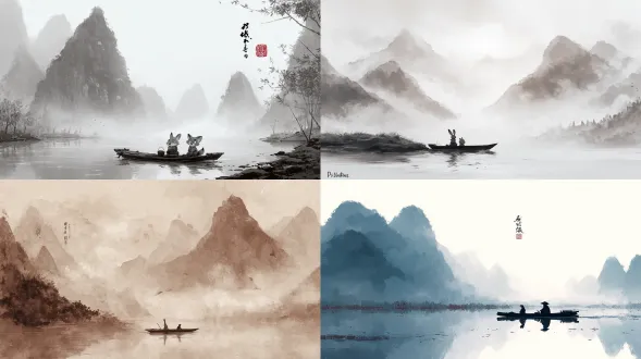 中国水墨山水画，来自《疯狂动物城》的朱迪·霍普斯和尼克·王尔德坐在一艘质朴的木船上，漂浮在云雾缭绕的江面，四周是雄伟的山脉，极简主义，优雅的笔触，以单色为主并带有微妙的色彩点缀，富有诗意且宁静