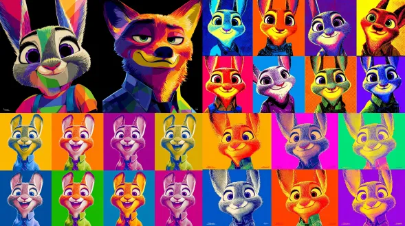 波普艺术肖像，描绘来自《疯狂动物城》的朱迪·霍普斯和尼克·王尔德，安迪·沃霍尔风格，大胆而鲜活的色彩，丝网印刷效果，网格中的重复图像，图形化和现代感，高对比度，充满活力和趣味性