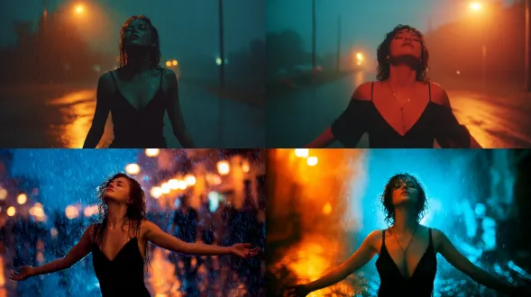 生成一张情绪风艺术写真，穿着黑色细肩带深 v 吊带裙，湿发凌乱贴肤，微闭双眼仰头展臂，在雨夜的空荡街头独自沉浸。冷青背景是朦胧的湿滑街道、昏暗路灯，暖橙侧光勾勒孤寂轮廓，雨水如泪滴在地面形成水洼倒影。风格电影感，暖橙冷青色调浓郁，质感细腻到水珠、湿发、水洼清晰