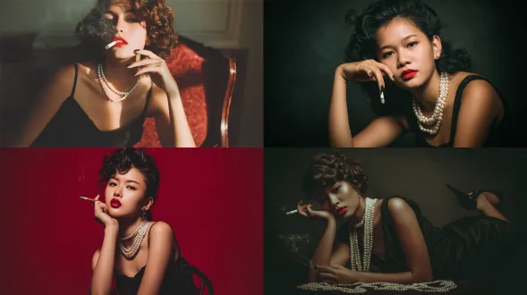 生成一张复古港风艺术写真照，穿着黑色吊带裙，侧身托腮，戴珍珠项链，复古卷发 + 明艳红唇 + 黑色美甲，手持香烟