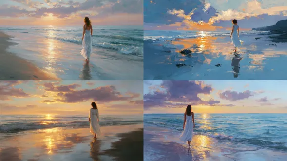 一个穿着飘逸白色连衣裙的宁静身影，在日落时分沿着宁静的海滩散步，金色的阳光在水面上反射，柔软的云朵在上面，轻柔的海浪拍打着海岸