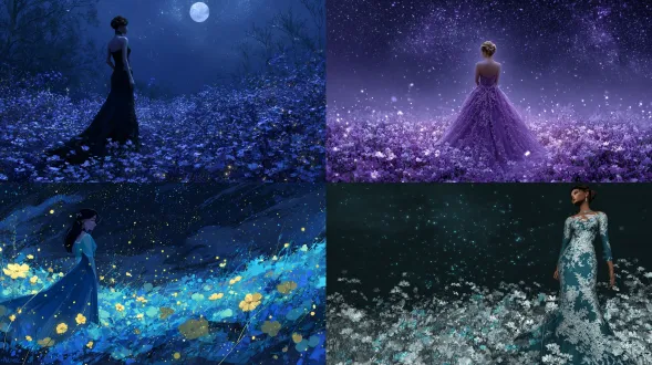 一个穿着精致礼服的女人，站在繁星点点的夜空下一片盛开的花丛中，柔和的月光照亮了她的脸，花朵周围散发着神奇的光芒