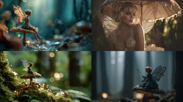 一个有着半透明翅膀的异想天开的仙女，栖息在一片闪闪发光的神秘森林中的蘑菇上，柔和的光线穿过树林，照亮了她娇嫩的脸庞。