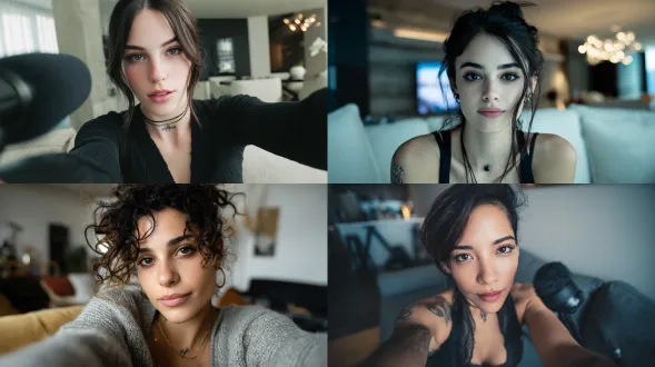 "年轻女子坐在沙发上，伸手划分空间，直视镜头，面前有麦克风，录制音频，颈部隐约纹身，柔和照明，浅景深，现代家居背景，中性色调，大光圈镜头，电影感构图，平静自信的表情，简约时尚穿搭，低角度拍摄，细腻皮肤质感，优雅氛围"