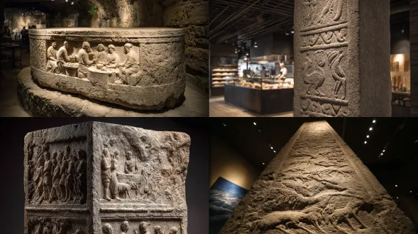 在一根高大光滑的洞石方尖碑上雕刻垂直叙事浅浮雕，展现罗马披萨的历史。故事从下到上展开：底部是古罗马面包师混合谷物；中间是中世纪工匠塑造椭圆形面包；顶部是现代厨师向世界展示最终的披萨。线条干净流畅，古典风格，优雅且具教育意义。